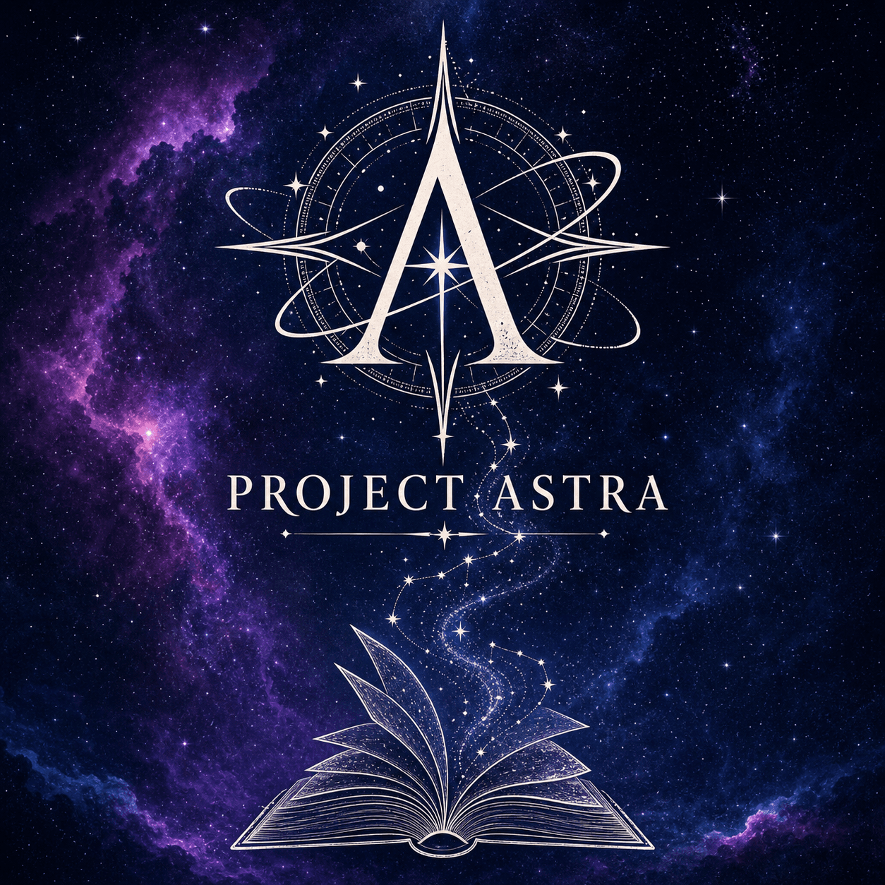 Project Astra emblem above an open book in a star-filled sky